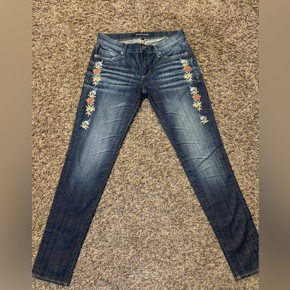 Driftwood Embroidered Jeans Womens 26 Floral Bohemian Distressed Selvage
